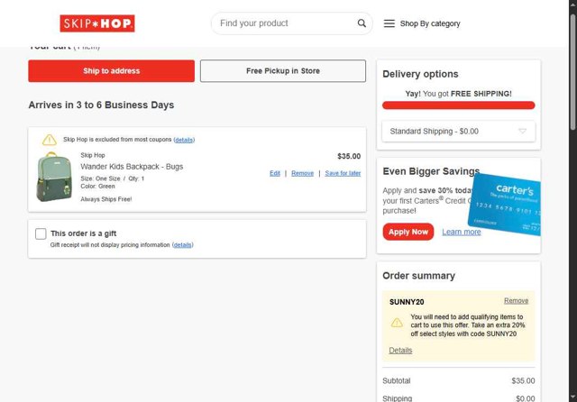 Skip Hop checkout page showing Skip Hop promo code box | Screenshot taken by SimplyCodes community member on May 7, 2025