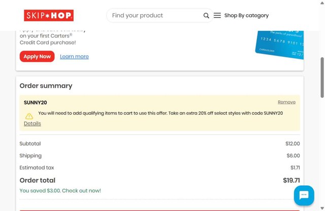 Skip Hop checkout page showing Skip Hop promo code box | Screenshot taken by SimplyCodes community member on May 7, 2025