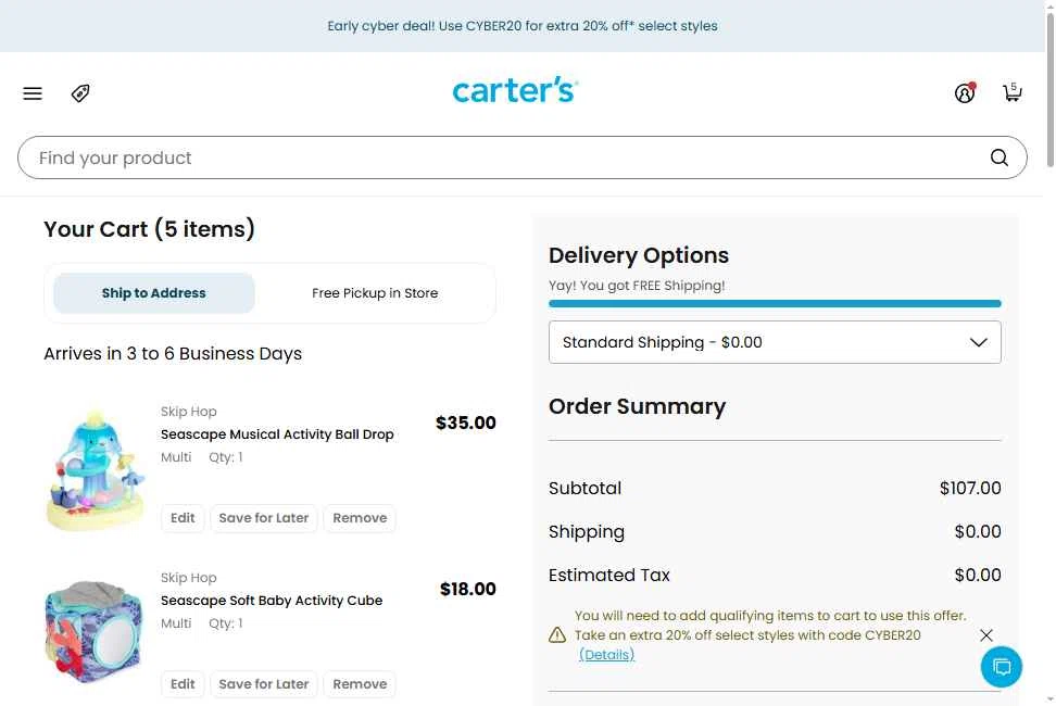 Skip Hop checkout page showing Skip Hop promo code box | Screenshot taken by SimplyCodes community member on Nov 11, 2025