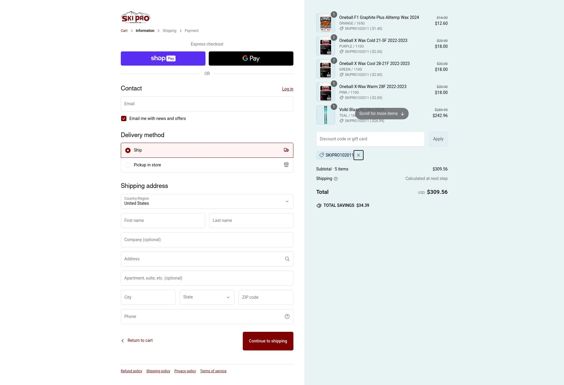 Ski Pro checkout page showing Ski Pro discount code box | Screenshot taken by SimplyCodes community member on Feb 13, 2025