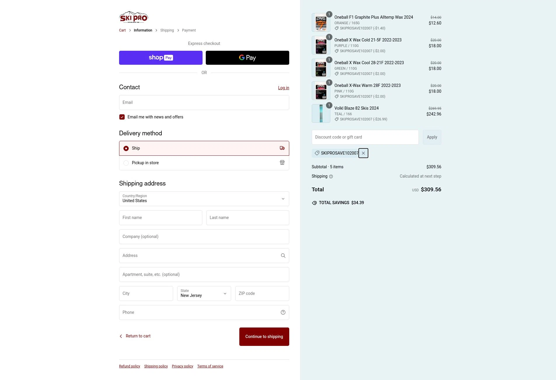 Ski Pro checkout page showing Ski Pro discount code box | Screenshot taken by SimplyCodes community member on Feb 24, 2025