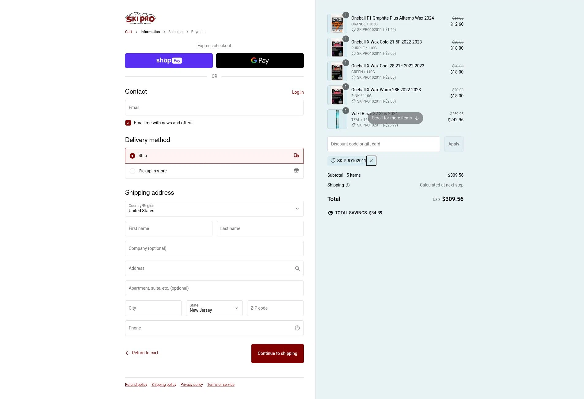 Ski Pro checkout page showing Ski Pro discount code box | Screenshot taken by SimplyCodes community member on Feb 9, 2025