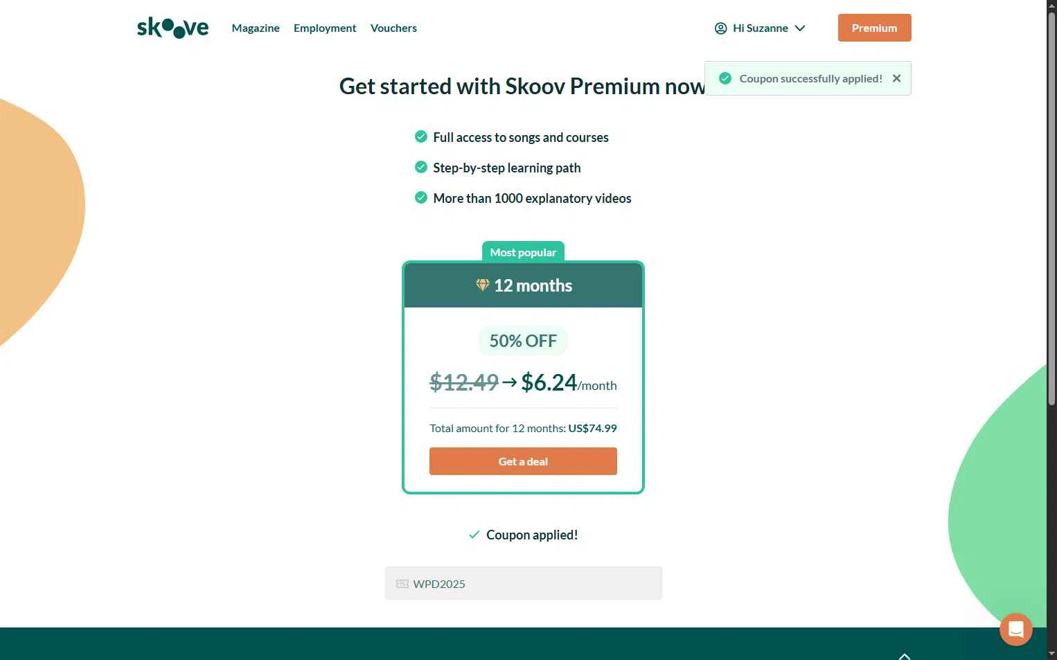 Skoove checkout page showing Skoove promo code box | Screenshot taken by SimplyCodes community member on Dec 11, 2025