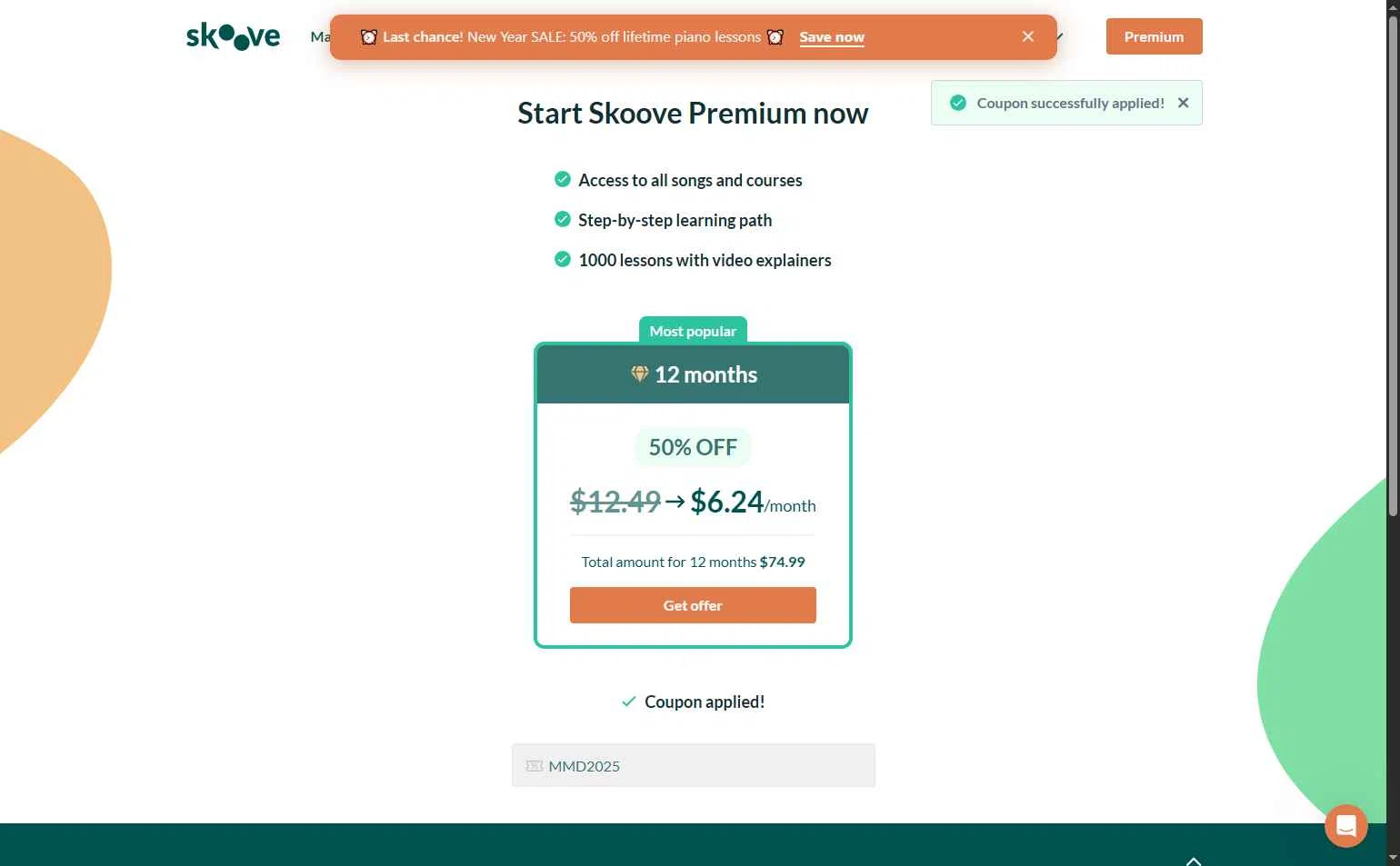 Skoove checkout page showing Skoove promo code box | Screenshot taken by SimplyCodes community member on Jan 5, 2026