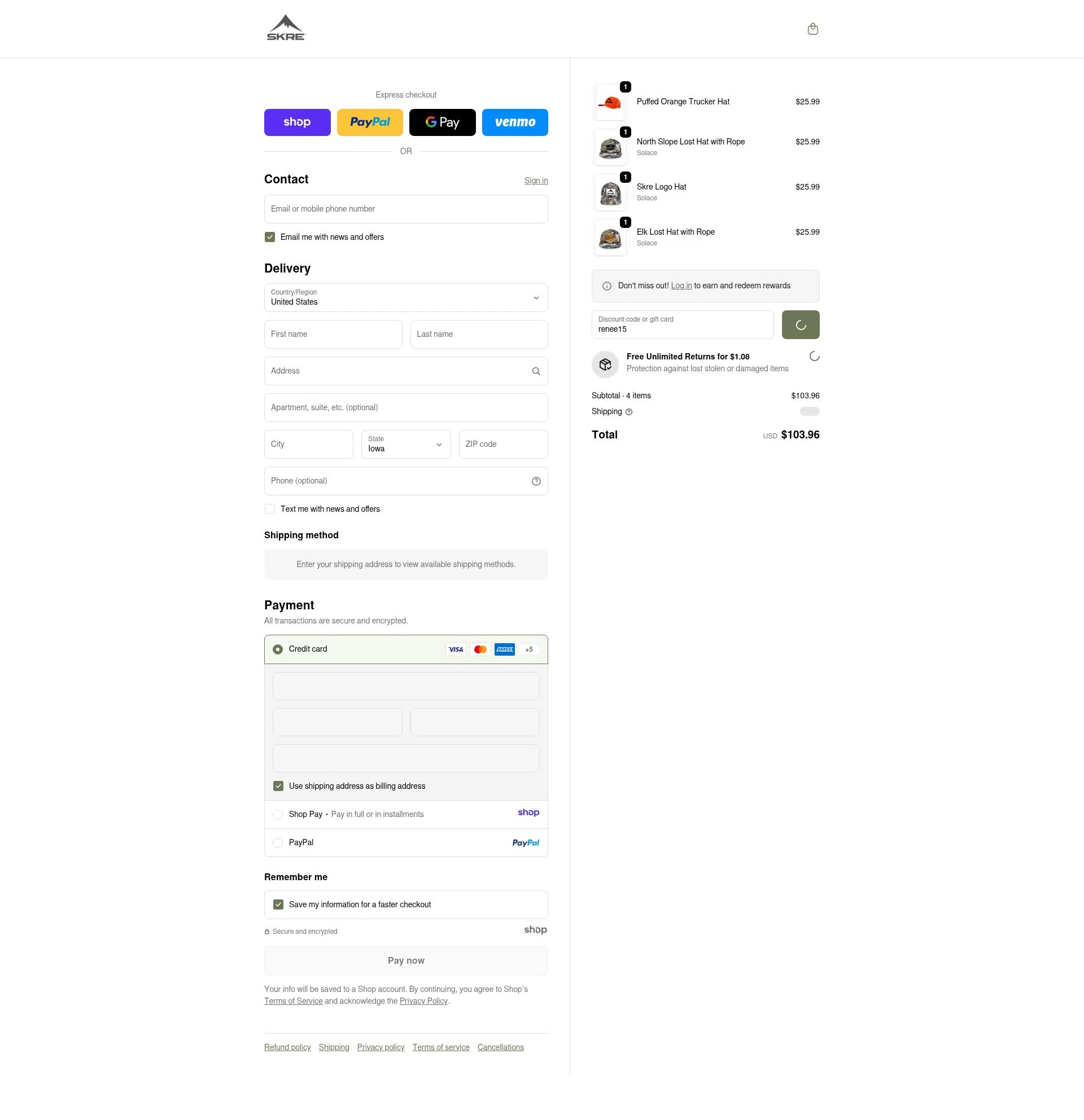 Skre Gear checkout page showing Skre Gear discount code box | Screenshot taken by SimplyCodes community member on Jan 4, 2026