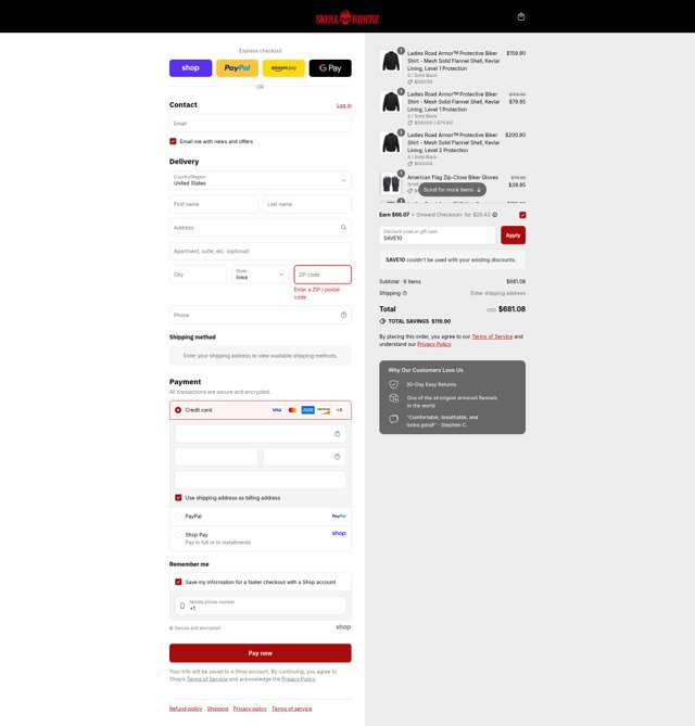 Skull Riderz checkout page showing Skull Riderz discount code box | Screenshot taken by SimplyCodes community member on Sep 6, 2025