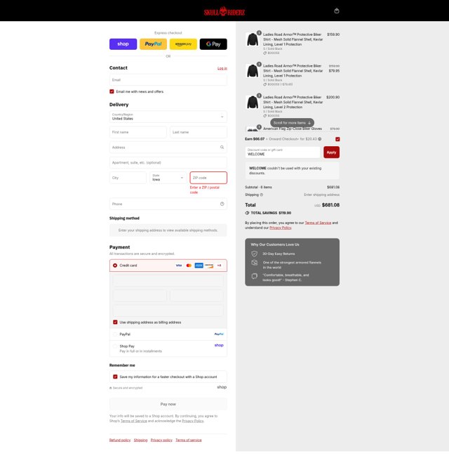 Skull Riderz checkout page showing Skull Riderz discount code box | Screenshot taken by SimplyCodes community member on Sep 6, 2025