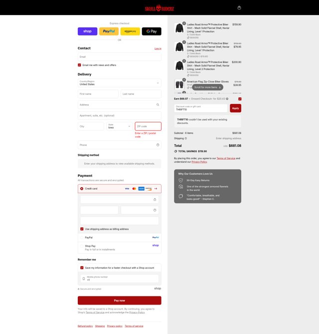 Skull Riderz checkout page showing Skull Riderz discount code box | Screenshot taken by SimplyCodes community member on Sep 6, 2025
