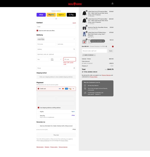 Skull Riderz checkout page showing Skull Riderz discount code box | Screenshot taken by SimplyCodes community member on Sep 6, 2025