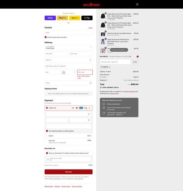 Skull Riderz checkout page showing Skull Riderz discount code box | Screenshot taken by SimplyCodes community member on Sep 6, 2025