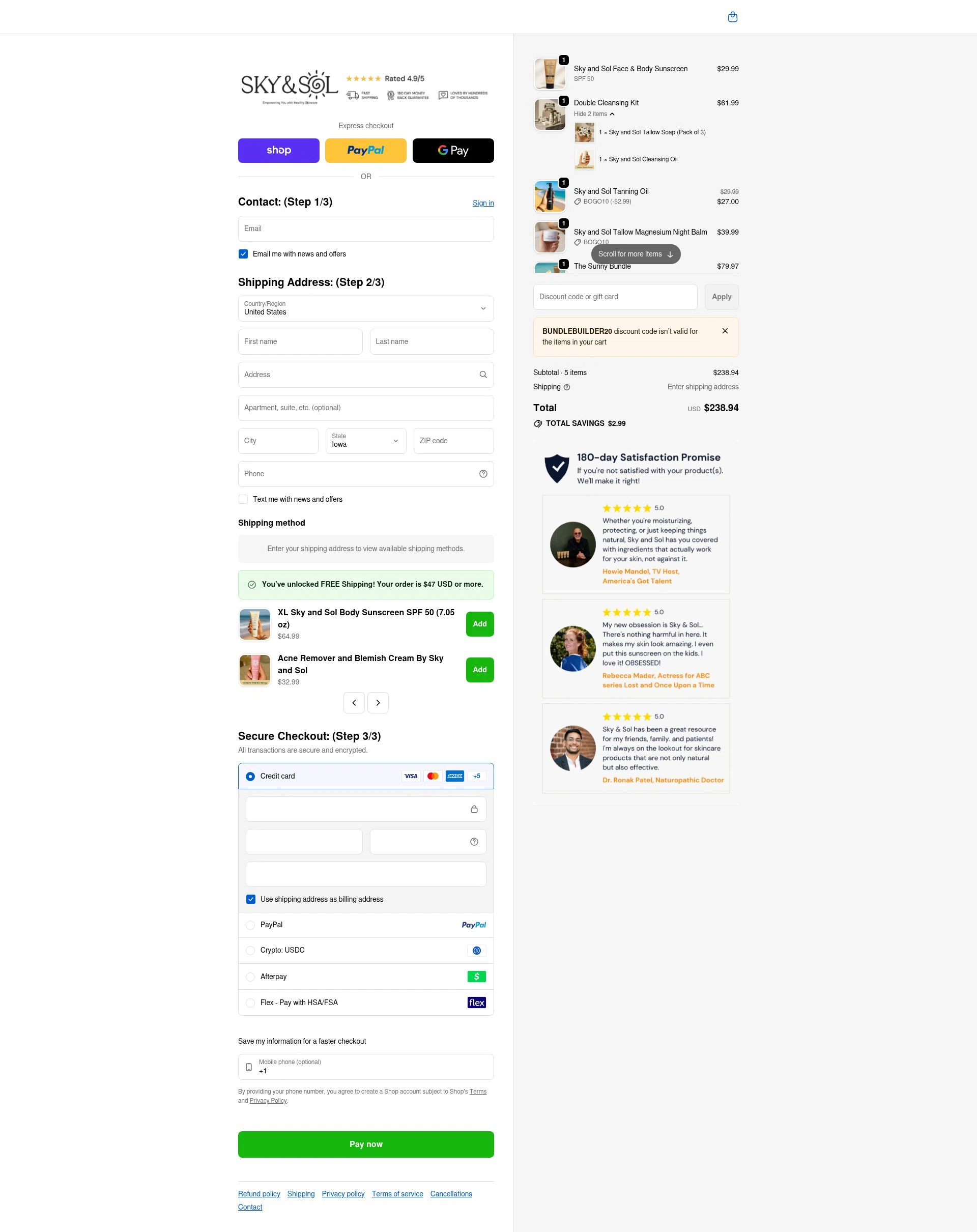 Sky and Sol checkout page showing Sky and Sol discount code box | Screenshot taken by SimplyCodes community member on Feb 9, 2026