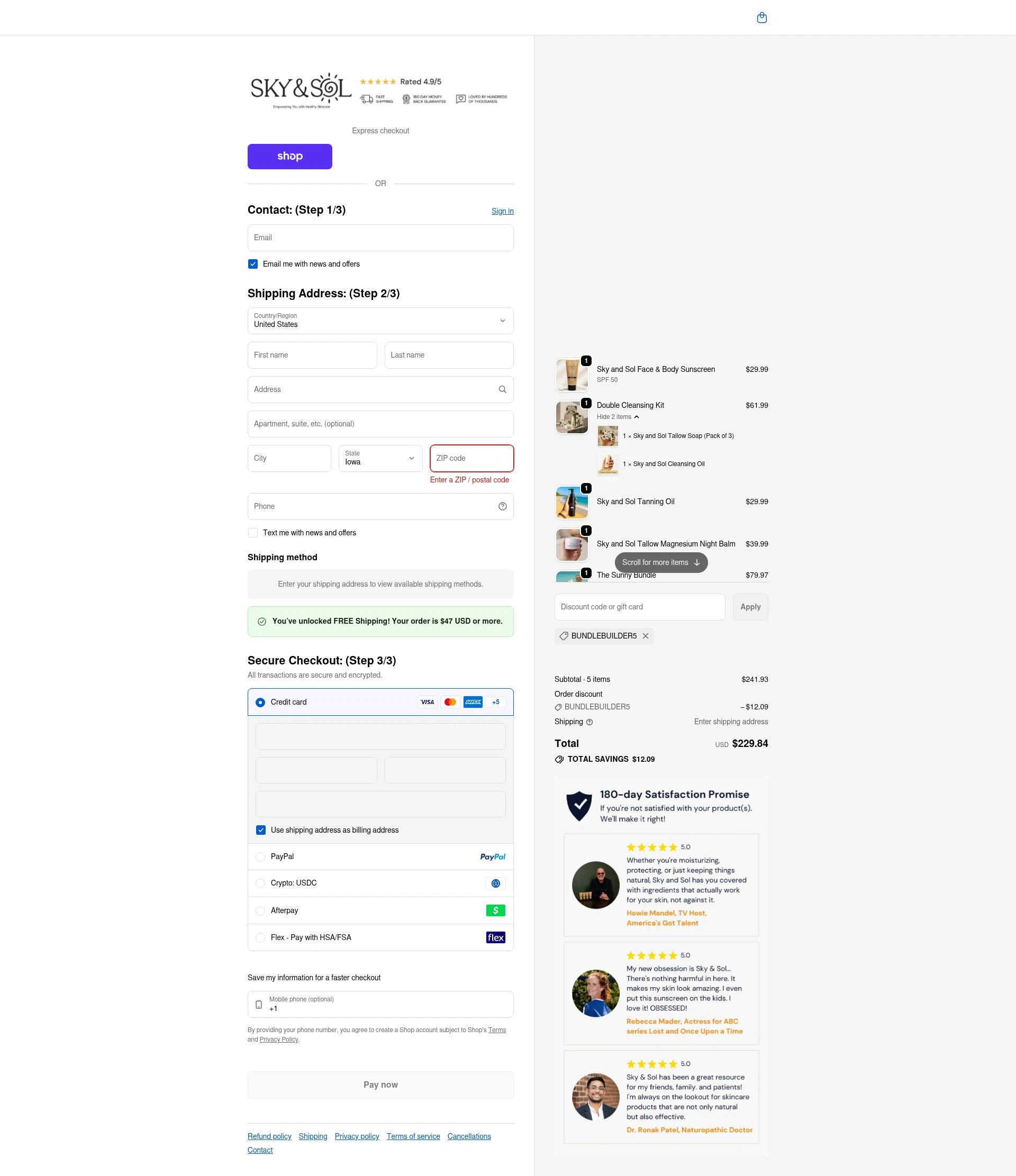 Sky and Sol checkout page showing Sky and Sol discount code box | Screenshot taken by SimplyCodes community member on Feb 7, 2026