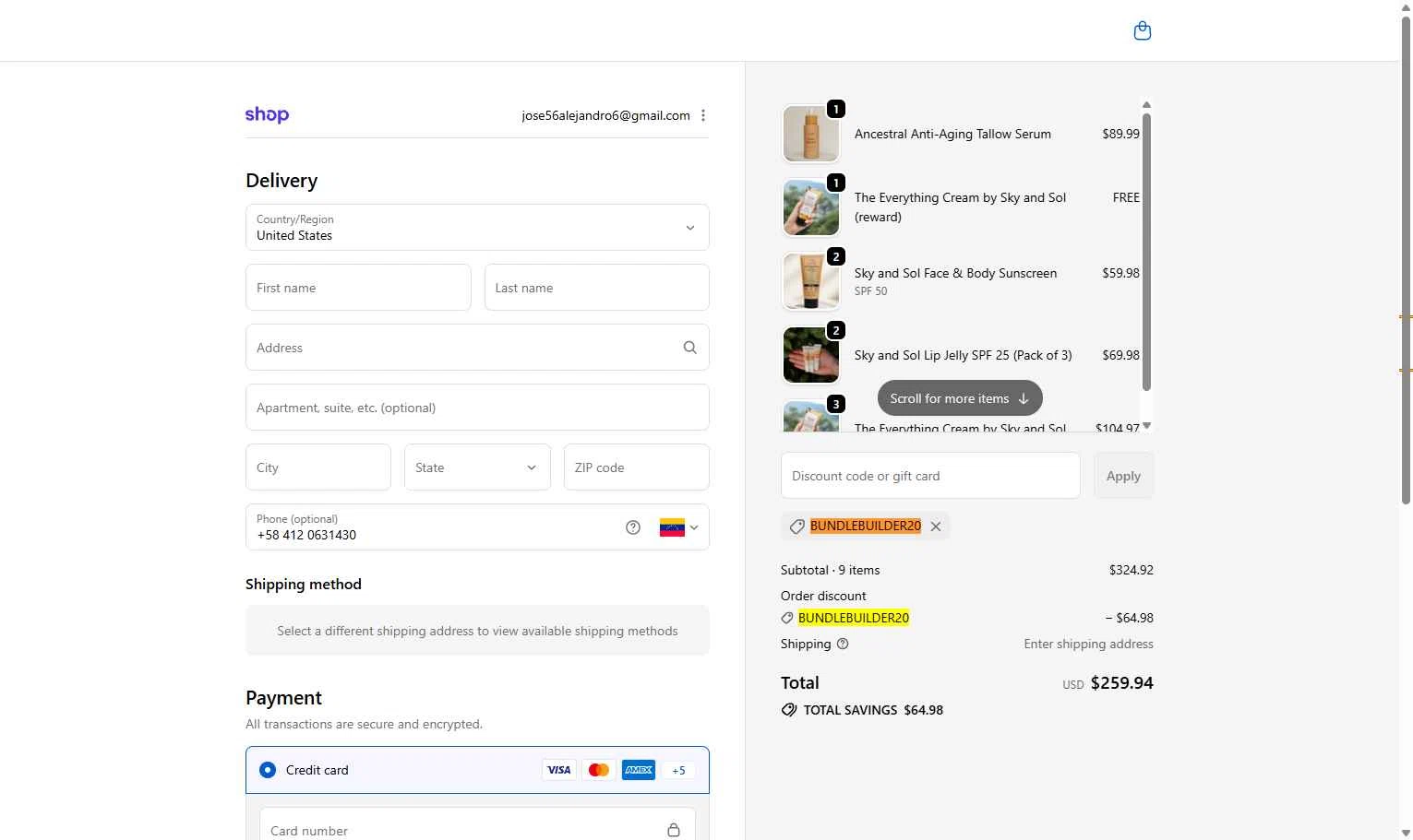 Sky and Sol checkout page showing Sky and Sol discount code box | Screenshot taken by SimplyCodes community member on Feb 14, 2026