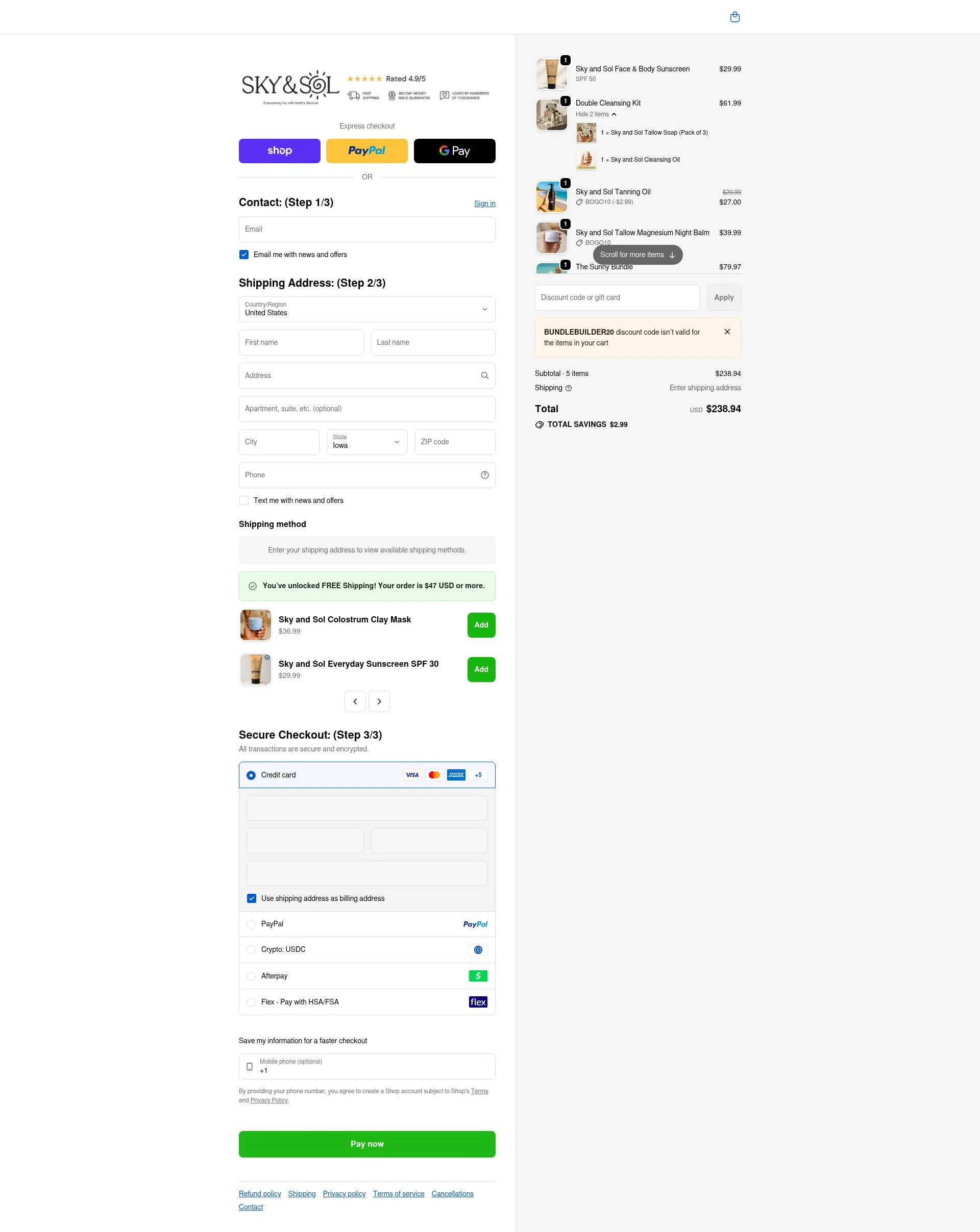 Sky and Sol checkout page showing Sky and Sol discount code box | Screenshot taken by SimplyCodes community member on Feb 13, 2026