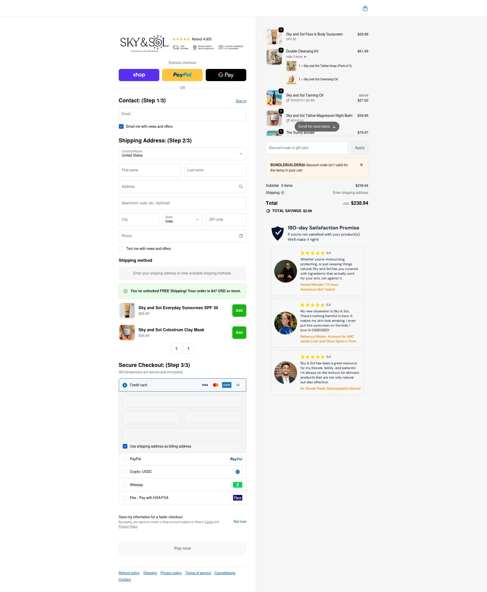 Sky and Sol checkout page showing Sky and Sol discount code box | Screenshot taken by SimplyCodes community member on Feb 15, 2026