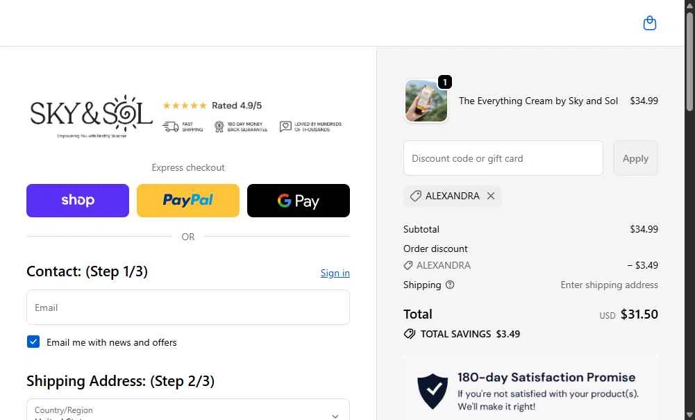 Sky and Sol checkout page showing Sky and Sol discount code box | Screenshot taken by SimplyCodes community member on Feb 11, 2026