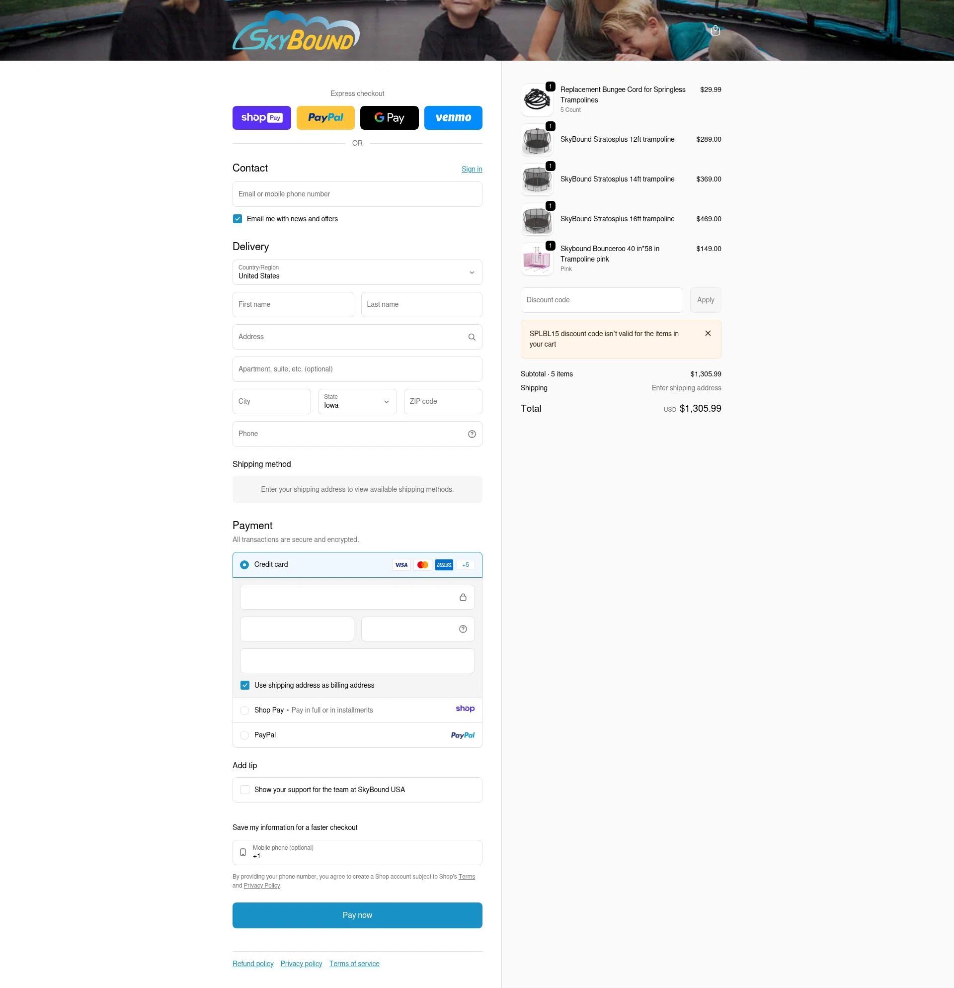 SkyBound USA checkout page showing SkyBound USA discount code box | Screenshot taken by SimplyCodes community member on Jan 7, 2026