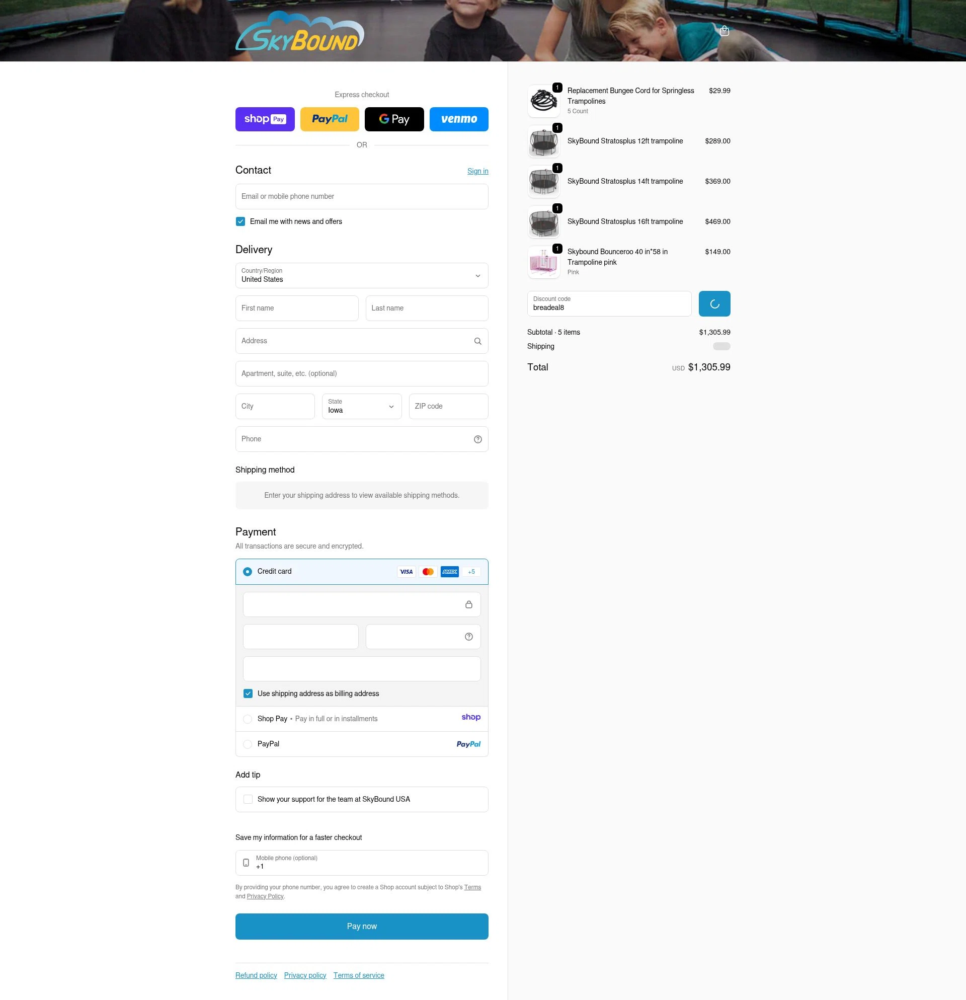 SkyBound USA checkout page showing SkyBound USA discount code box | Screenshot taken by SimplyCodes community member on Jan 7, 2026