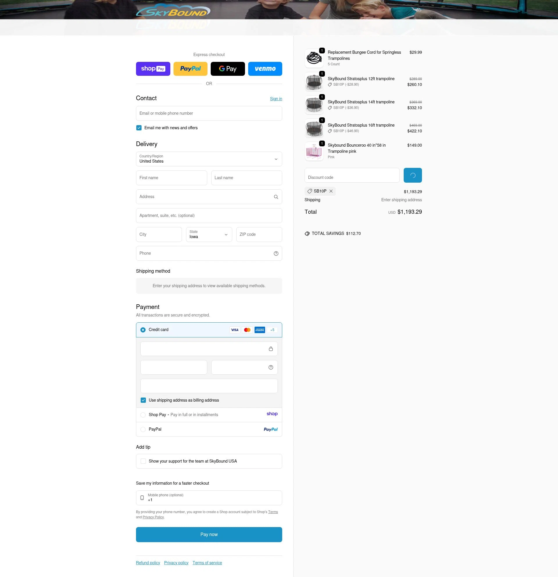 SkyBound USA checkout page showing SkyBound USA discount code box | Screenshot taken by SimplyCodes community member on Jan 7, 2026