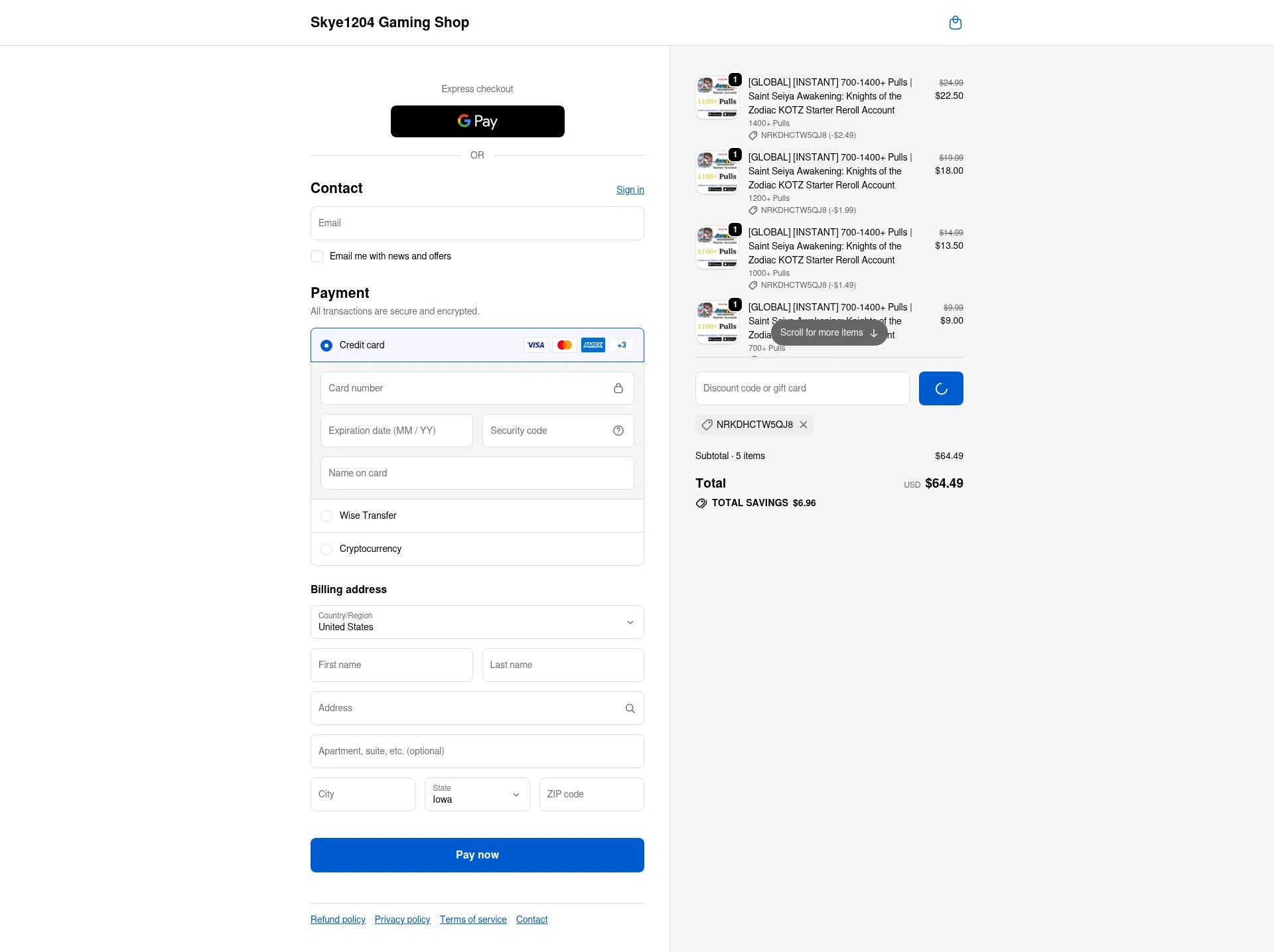 Skye1204 Gaming Shop checkout page showing Skye1204 Gaming Shop discount code box | Screenshot taken by SimplyCodes community member on Jan 27, 2026