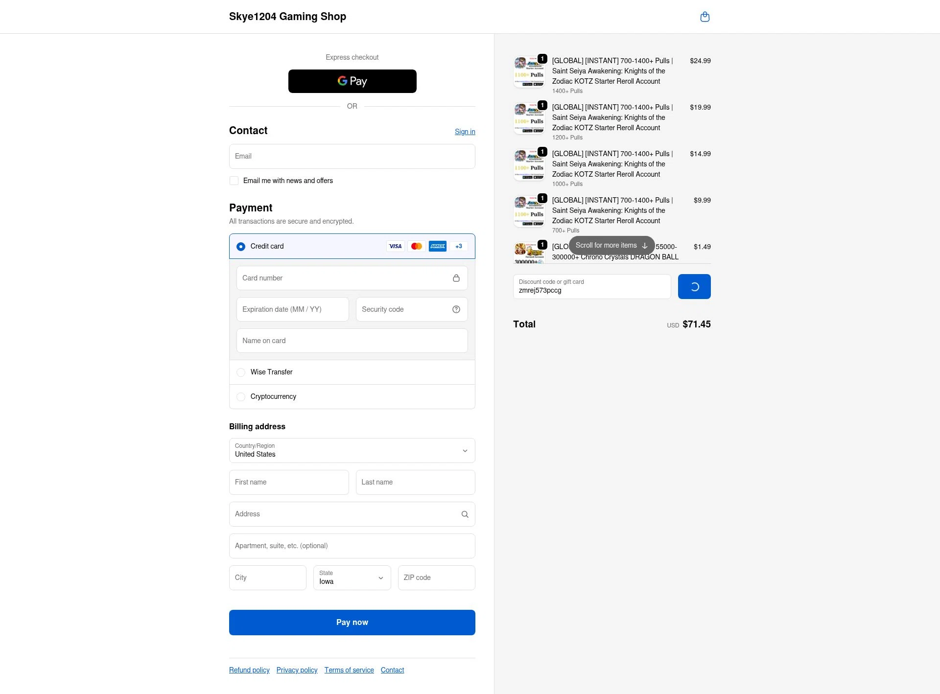 Skye1204 Gaming Shop checkout page showing Skye1204 Gaming Shop discount code box | Screenshot taken by SimplyCodes community member on Feb 5, 2026