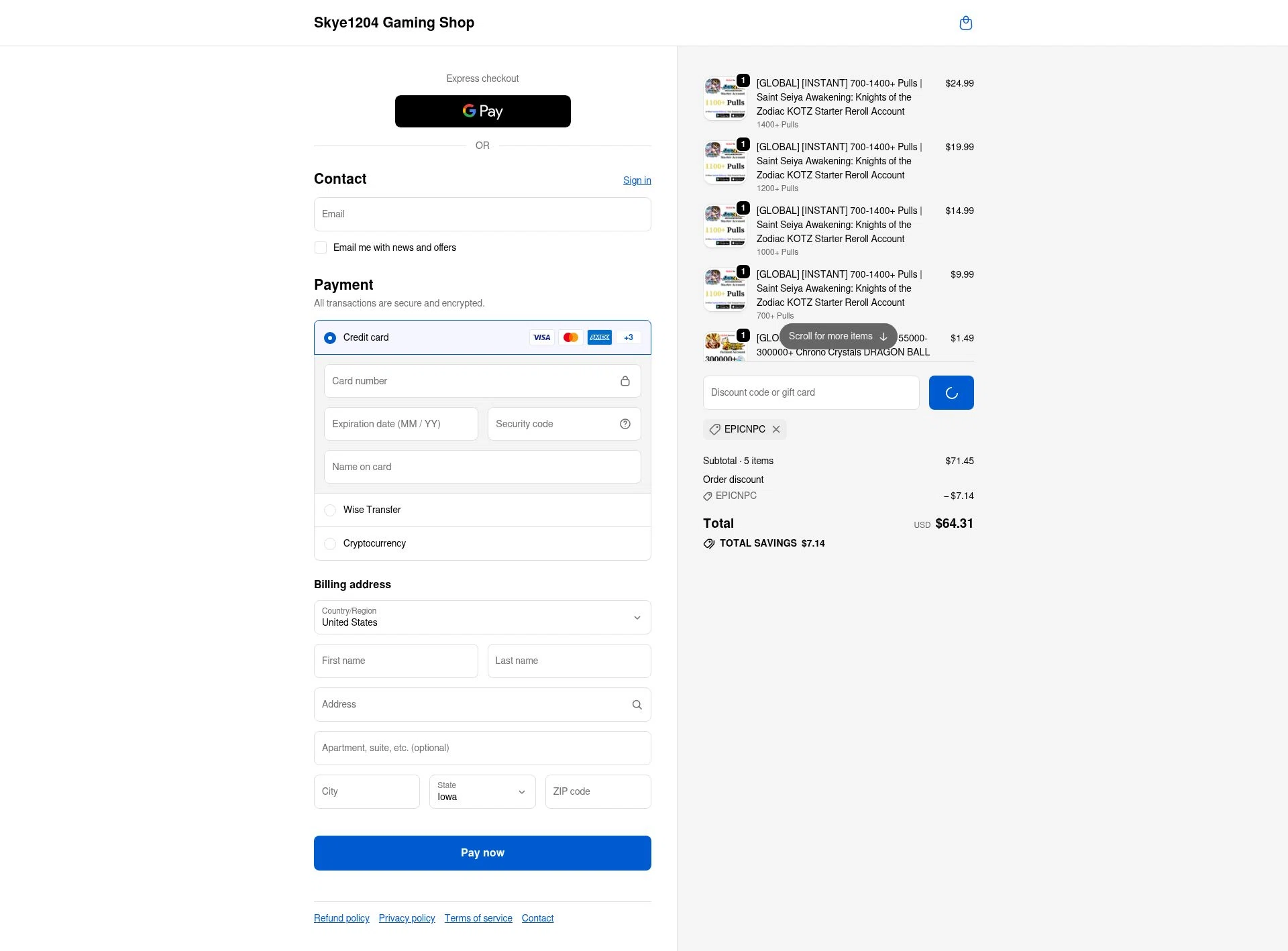Skye1204 Gaming Shop checkout page showing Skye1204 Gaming Shop discount code box | Screenshot taken by SimplyCodes community member on Feb 9, 2026