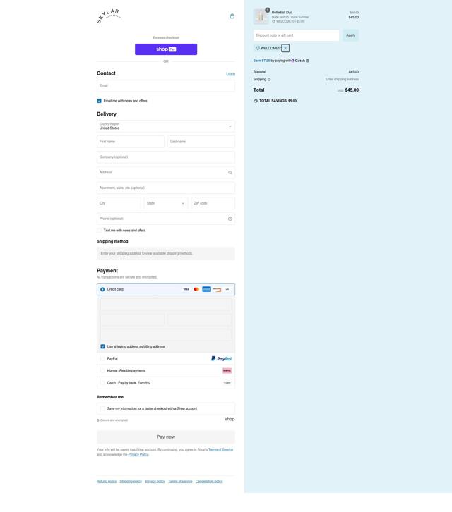 Skylar checkout page showing Skylar coupon code box | Screenshot taken by SimplyCodes community member on Jan 1, 2025