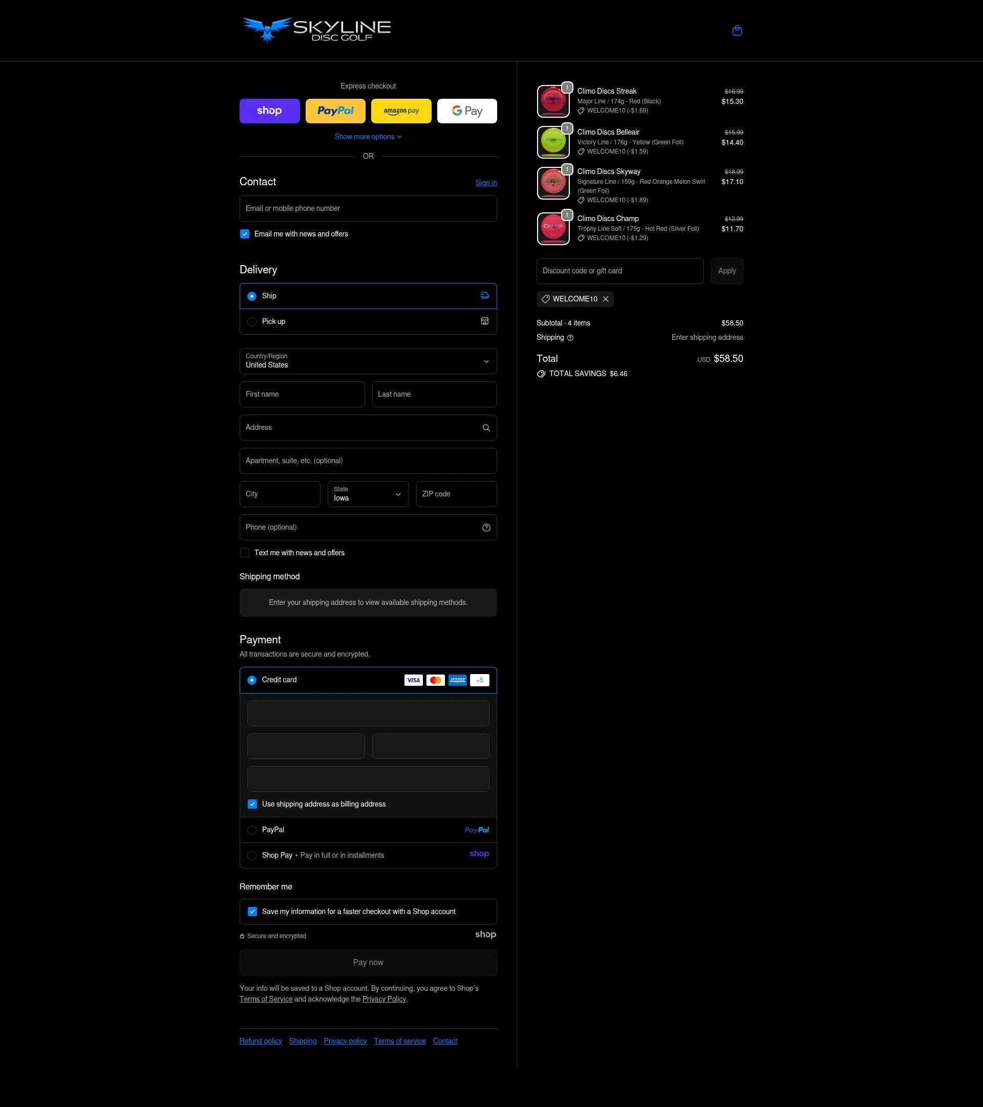 Skyline Disc Golf checkout page showing Skyline Disc Golf promo code box | Screenshot taken by SimplyCodes community member on Dec 11, 2025