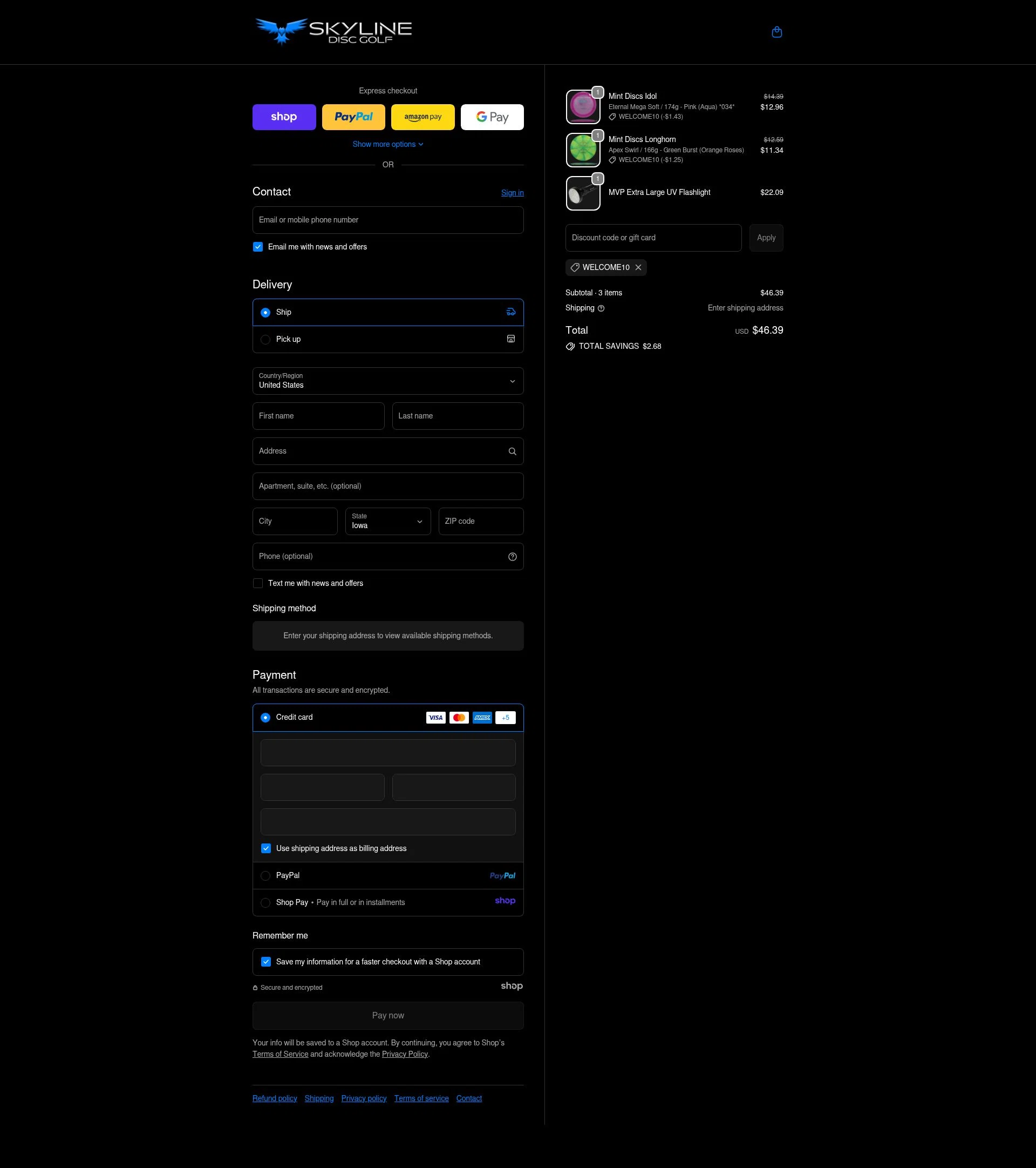 Skyline Disc Golf checkout page showing Skyline Disc Golf promo code box | Screenshot taken by SimplyCodes community member on Nov 30, 2025