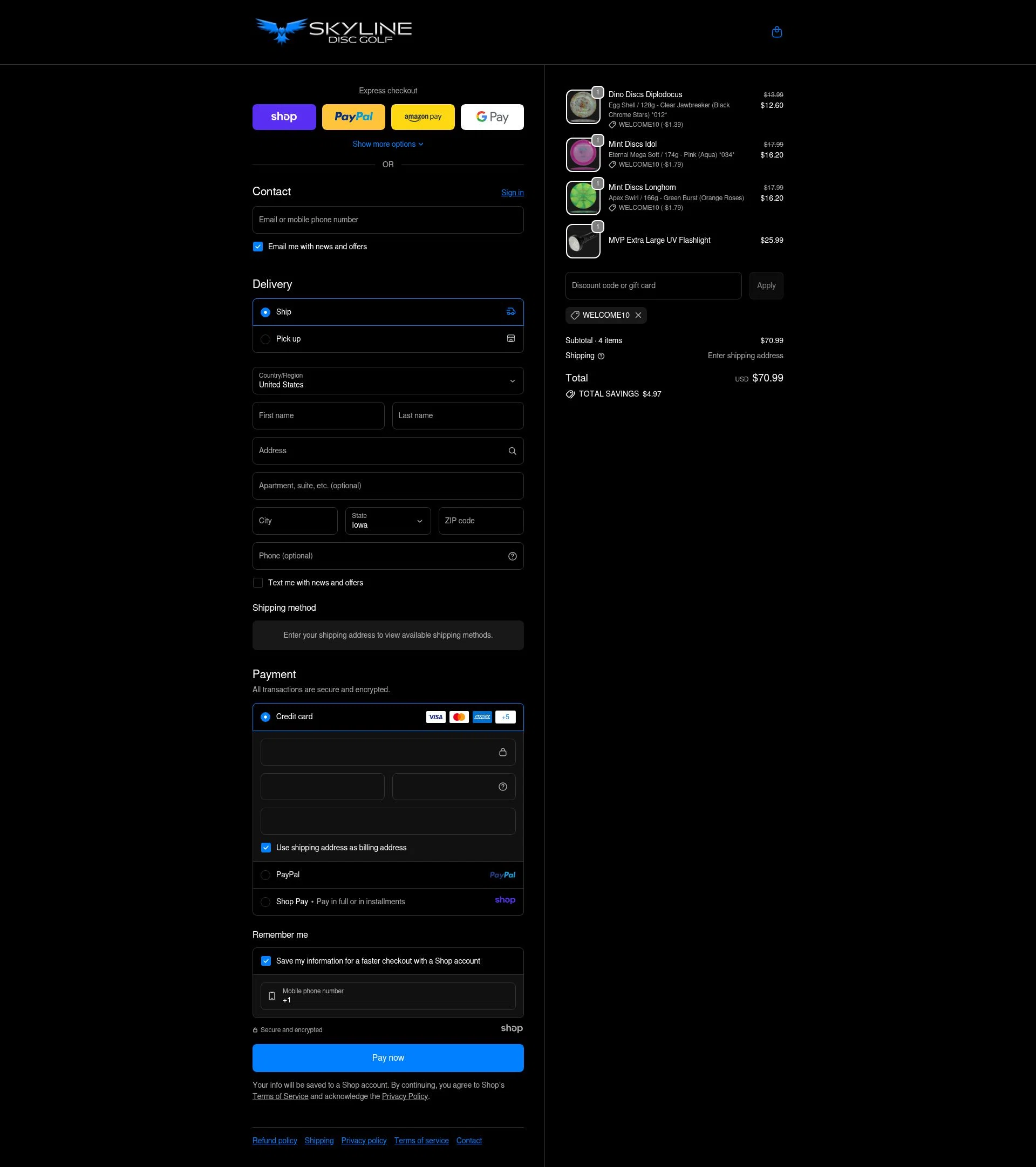 Skyline Disc Golf checkout page showing Skyline Disc Golf promo code box | Screenshot taken by SimplyCodes community member on Nov 20, 2025