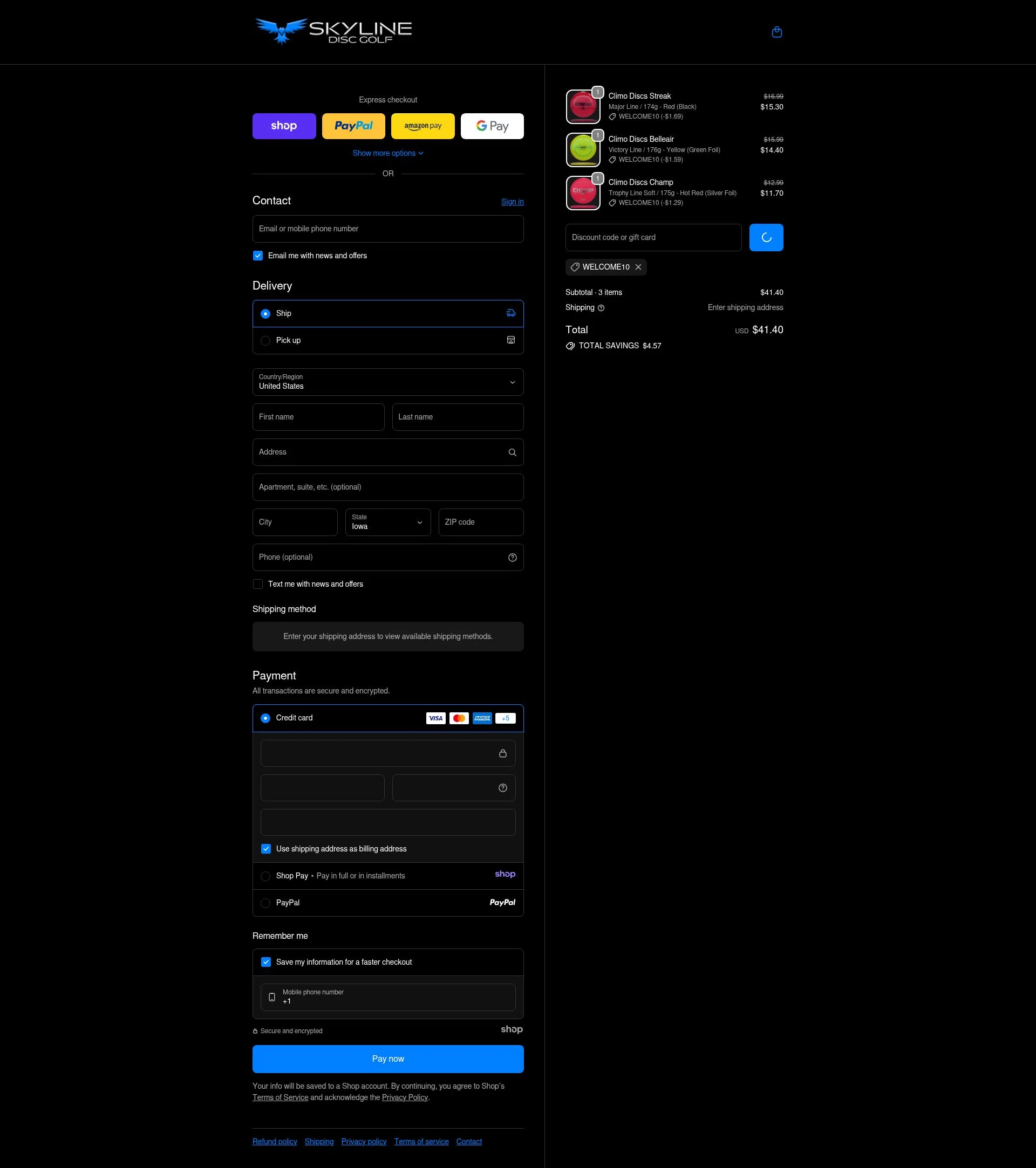 Skyline Disc Golf checkout page showing Skyline Disc Golf promo code box | Screenshot taken by SimplyCodes community member on Jan 3, 2026