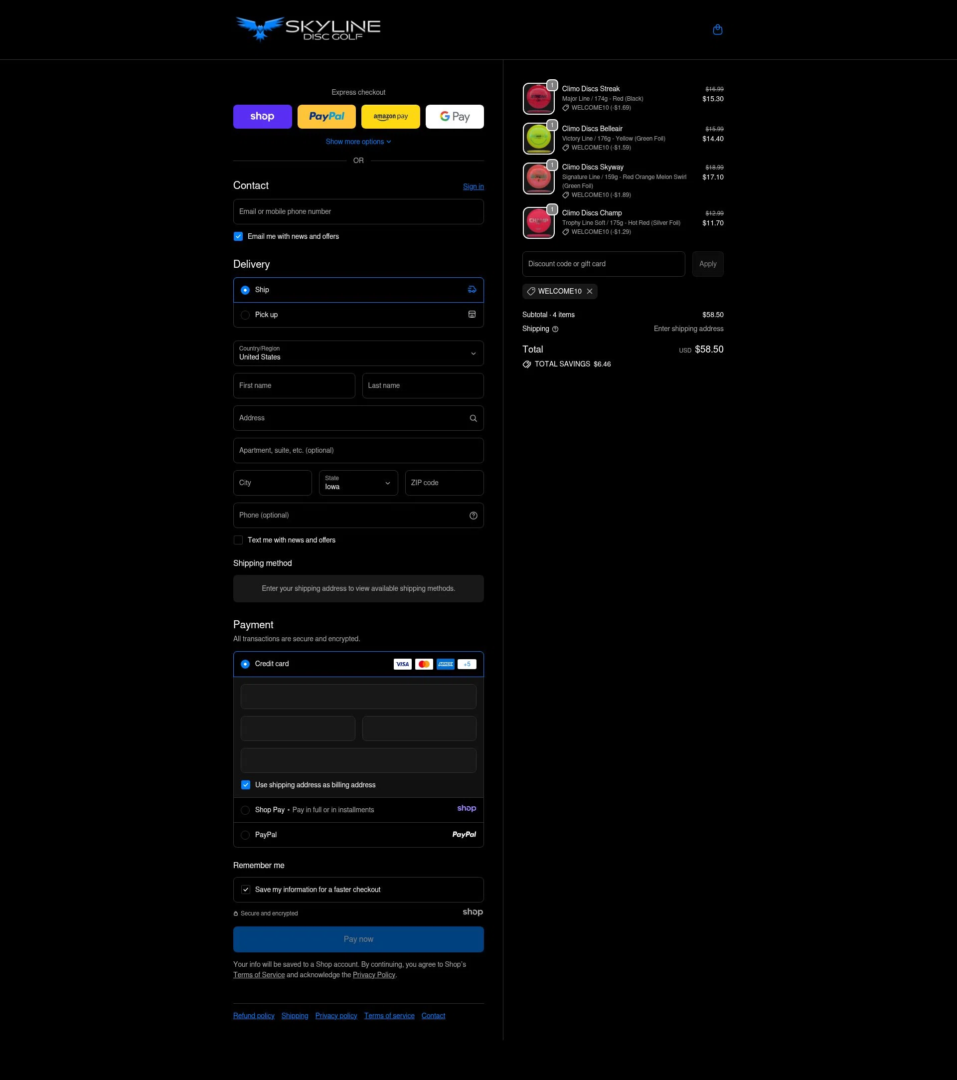 Skyline Disc Golf checkout page showing Skyline Disc Golf promo code box | Screenshot taken by SimplyCodes community member on Dec 29, 2025