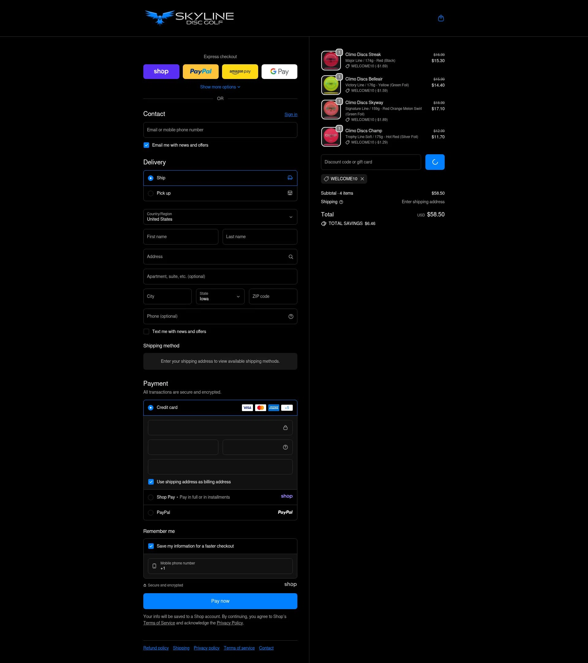 Skyline Disc Golf checkout page showing Skyline Disc Golf promo code box | Screenshot taken by SimplyCodes community member on Dec 24, 2025