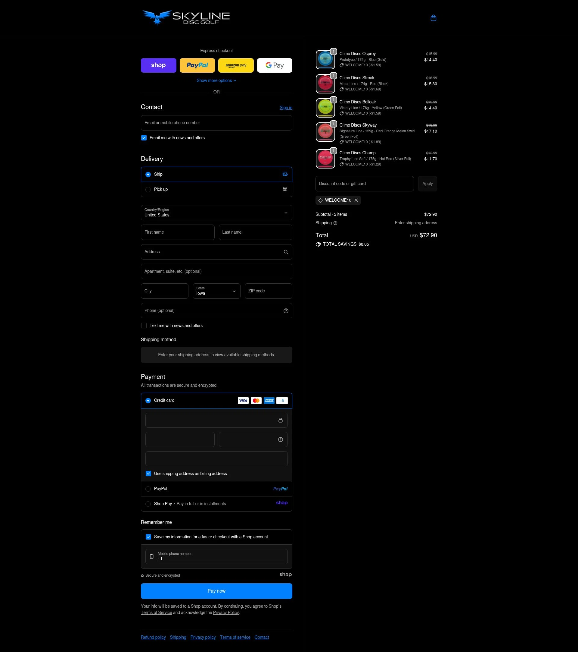 Skyline Disc Golf checkout page showing Skyline Disc Golf promo code box | Screenshot taken by SimplyCodes community member on Dec 5, 2025