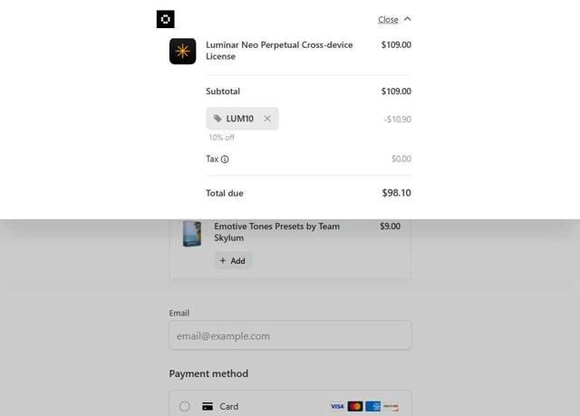 Skylum checkout page showing Skylum promo code box | Screenshot taken by SimplyCodes community member on Aug 22, 2025