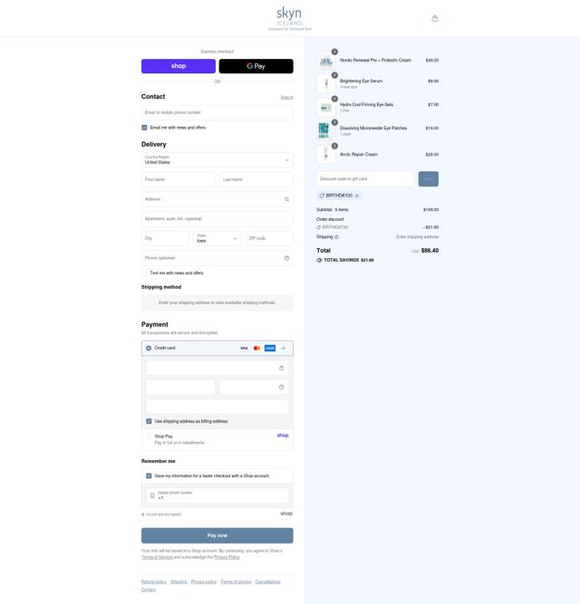 Skyn Iceland checkout page showing Skyn Iceland promo code box | Screenshot taken by SimplyCodes community member on Sep 12, 2025