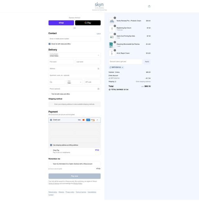 Skyn Iceland checkout page showing Skyn Iceland promo code box | Screenshot taken by SimplyCodes community member on Sep 3, 2025