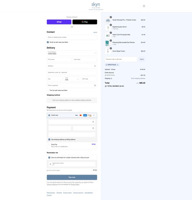 Skyn Iceland checkout page showing Skyn Iceland promo code box | Screenshot taken by SimplyCodes community member on Sep 8, 2025