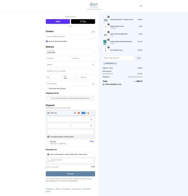 Skyn Iceland checkout page showing Skyn Iceland promo code box | Screenshot taken by SimplyCodes community member on Aug 30, 2025