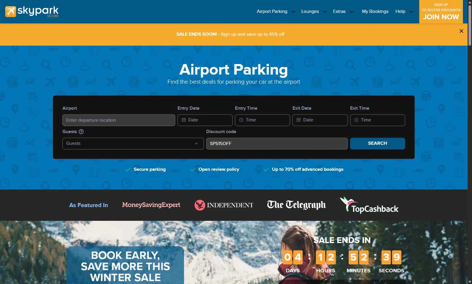 SkyParkSecure - Airport Parking checkout page showing SkyParkSecure - Airport Parking discount code box | Screenshot taken by SimplyCodes community member on Dec 31, 2025
