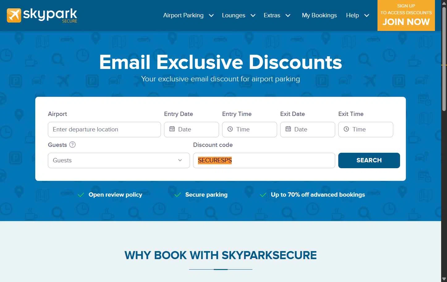 SkyParkSecure - Airport Parking checkout page showing SkyParkSecure - Airport Parking discount code box | Screenshot taken by SimplyCodes community member on Jan 15, 2026