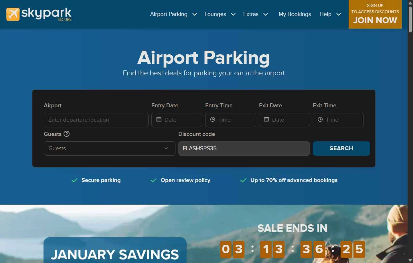 SkyParkSecure - Airport Parking checkout page showing SkyParkSecure - Airport Parking discount code box | Screenshot taken by SimplyCodes community member on Jan 16, 2026