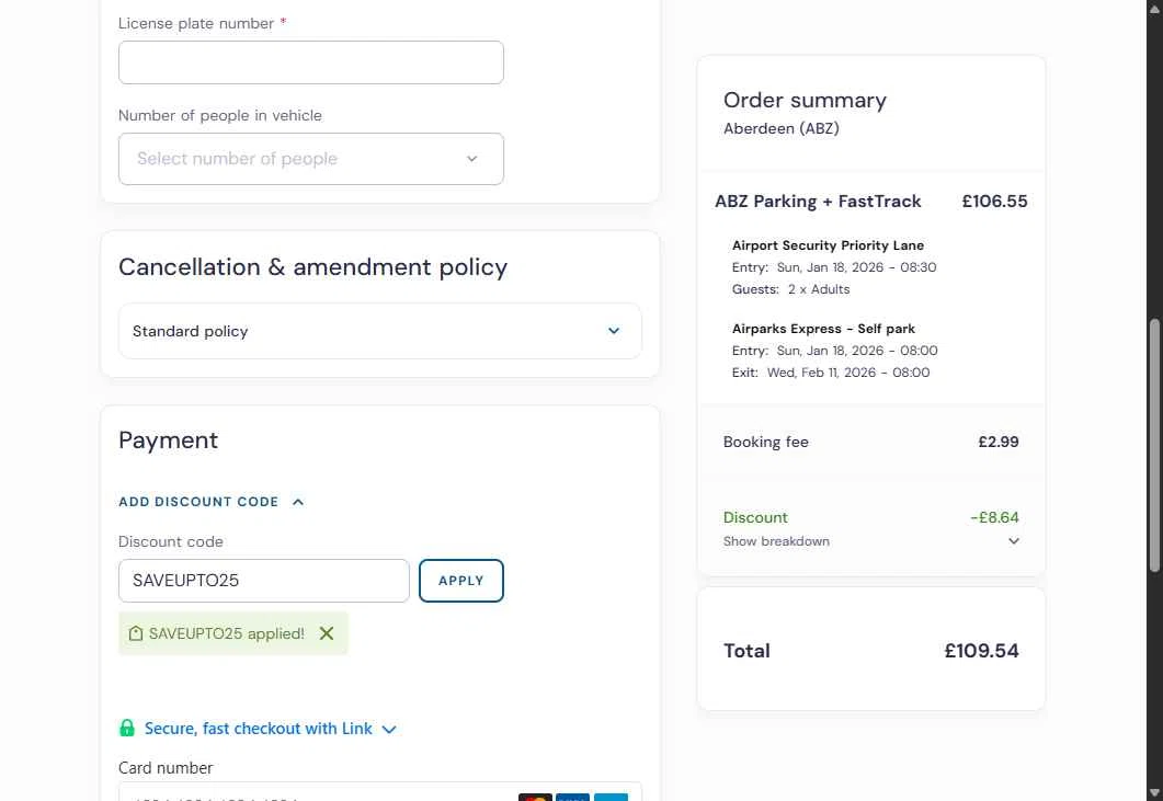 SkyParkSecure - Airport Parking checkout page showing SkyParkSecure - Airport Parking discount code box | Screenshot taken by SimplyCodes community member on Dec 31, 2025