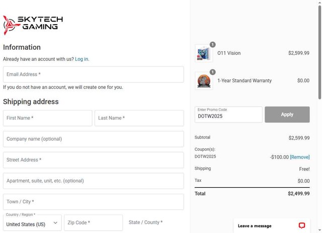 Skytech Gaming checkout page showing Skytech Gaming promo code box | Screenshot taken by SimplyCodes community member on Aug 29, 2025