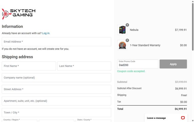 Skytech Gaming checkout page showing Skytech Gaming promo code box | Screenshot taken by SimplyCodes community member on Jul 14, 2025