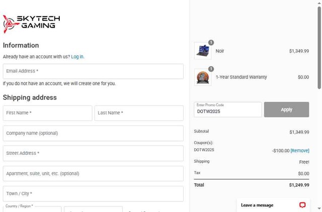 Skytech Gaming checkout page showing Skytech Gaming promo code box | Screenshot taken by SimplyCodes community member on Sep 1, 2025