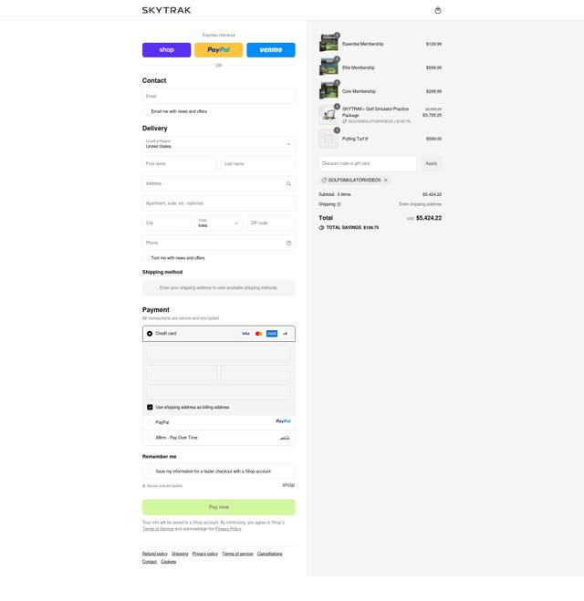 SkyTrak ES checkout page showing SkyTrak ES promo code box | Screenshot taken by SimplyCodes community member on Sep 12, 2025