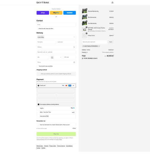 SkyTrak checkout page showing SkyTrak discount code box | Screenshot taken by SimplyCodes community member on Sep 16, 2025