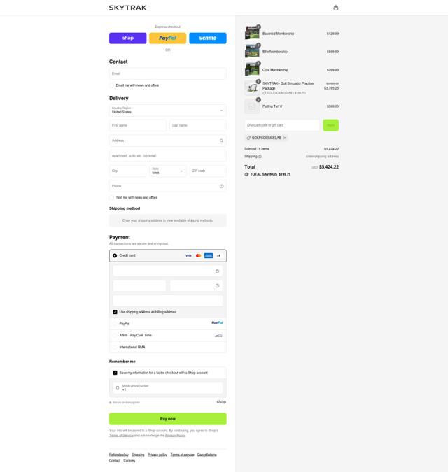 SkyTrak checkout page showing SkyTrak discount code box | Screenshot taken by SimplyCodes community member on Sep 16, 2025