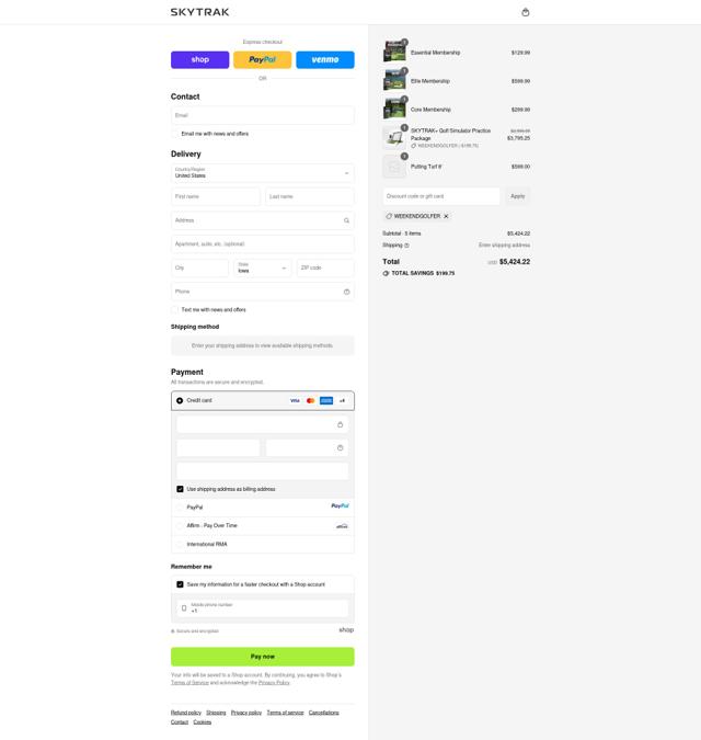 SkyTrak checkout page showing SkyTrak discount code box | Screenshot taken by SimplyCodes community member on Sep 16, 2025